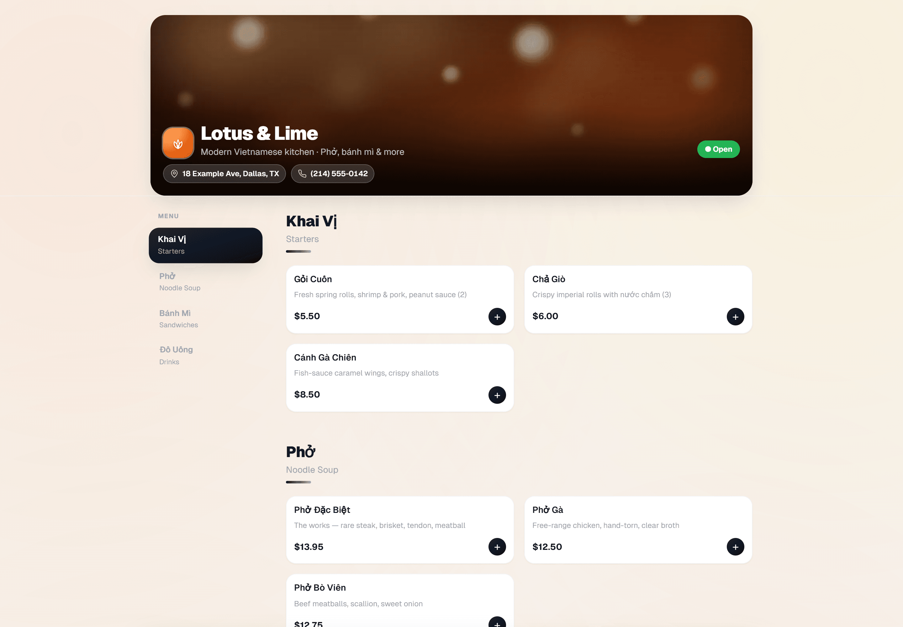 A Jindio ordering menu, shown with a sample restaurant